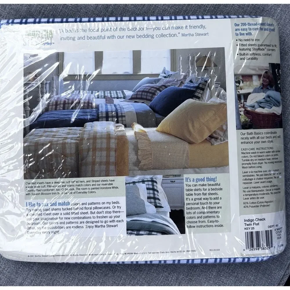 NIP Martha Stewart Twin Flat Sheet Blue Gingham Indigo Check 200 count Ruffled